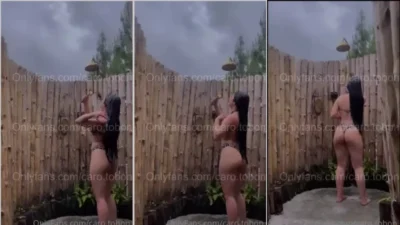 Carolina Tobon hot in a cold bath in the backyard